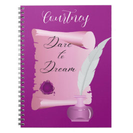 Caderno Espiral Lindo Pergaminho Cor-de-Rosa e Pena "Ouse Sonhar" 