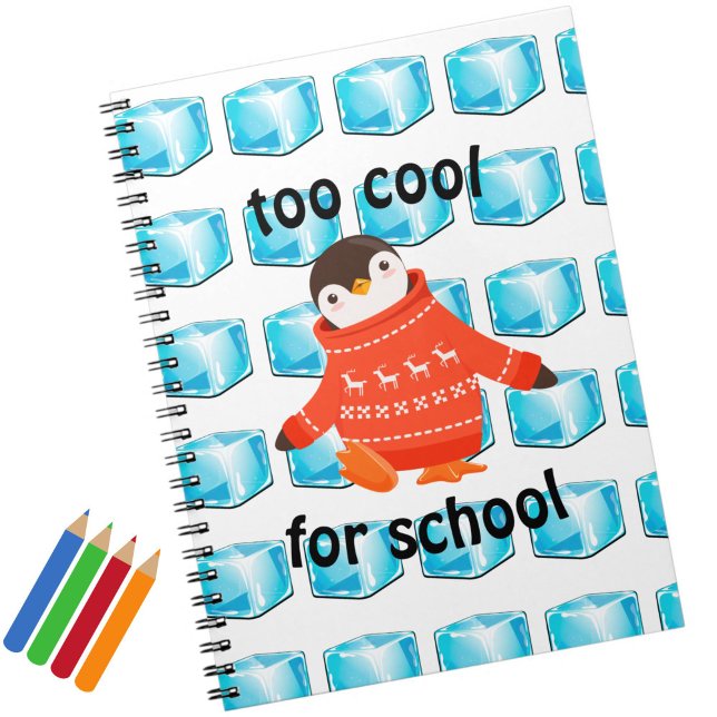 Caderno Espiral Lindo Pinguim de Desenho "Muito Legal Para a Escol (An adorable penguin notebook for kids who are "too cool for school"!)