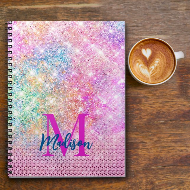 Caderno Espiral lindo unicórnio monograma brilhante falso rosa com (Criador carregado)