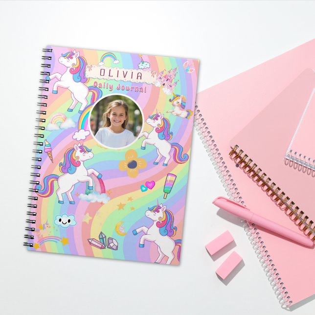 Caderno Espiral Lindo Unicórnio Rosa Arco-íris Nome Personalizado  (Criador carregado)