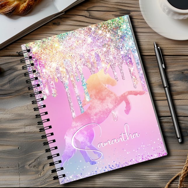 Caderno Espiral Lindo unicórnio rosa Brilho arco-íris Gotas monogr (Criador carregado)