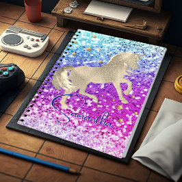 Caderno Espiral Lindo unicórnio rosa Brilho arco-íris monograma do