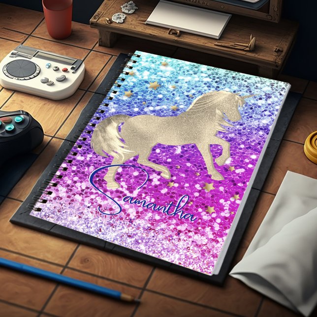 Caderno Espiral Lindo unicórnio rosa Brilho arco-íris monograma do (Criador carregado)