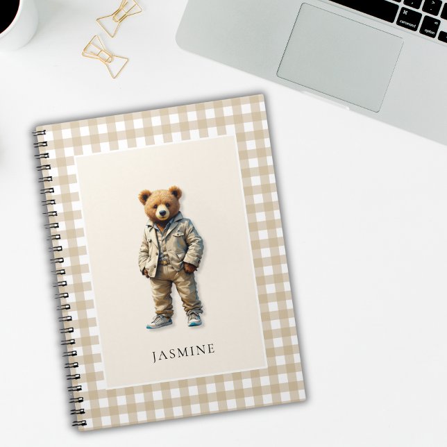 Caderno Espiral Lindo urso de pelúcia personalizado (cute personalized teddy notepad with a neutral beige plaid background)