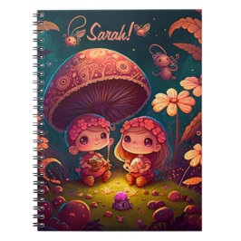 Caderno Espiral Lindos elfos brincam sob cogumelos