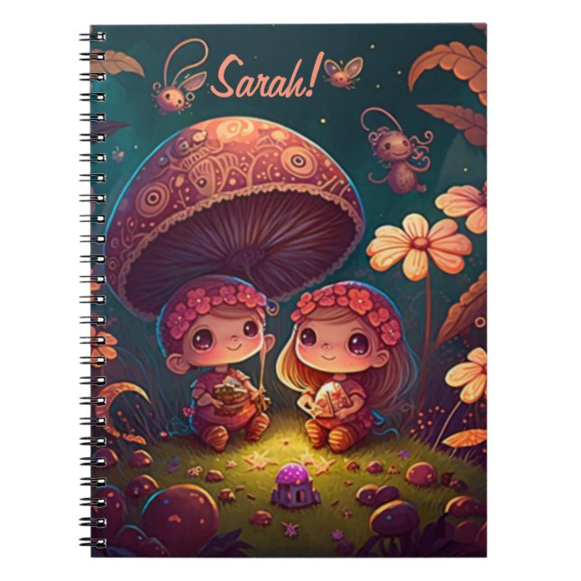Caderno Espiral Lindos elfos brincam sob cogumelos (Frente)