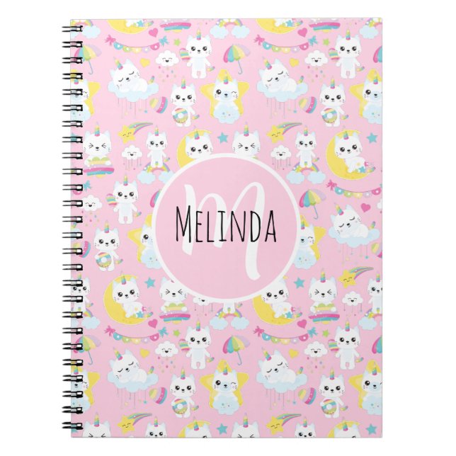 Caderno Espiral Lindos Gatos Unicórnio Rosa Claro Padrão (Frente)