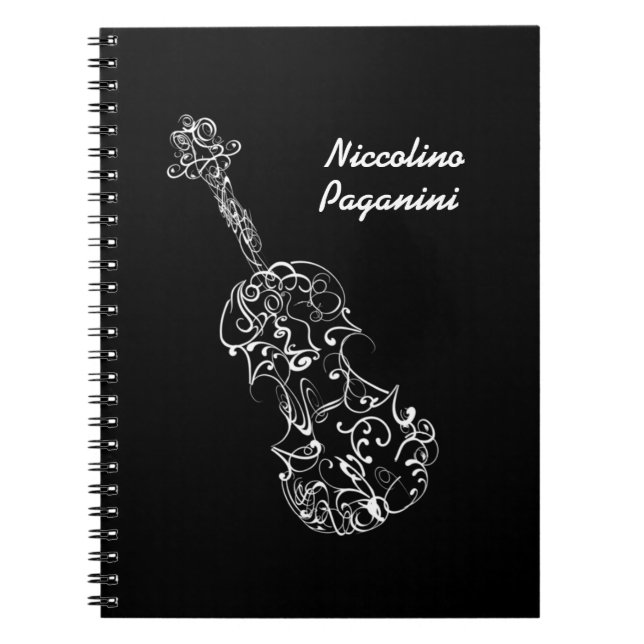 Caderno Espiral Linha branca desenho do violino, nome customizável (Frente)