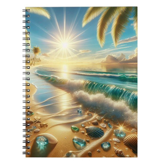 Caderno Espiral Linha costeira mágica com ondas azuis e vidro mari (Frente)