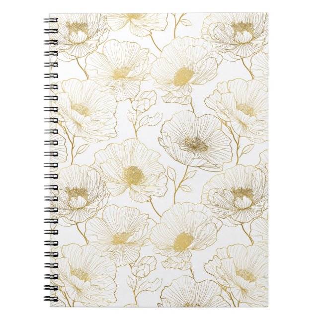 Caderno Espiral Linha de Flores Brancas Florais Chic Dourado (Frente)