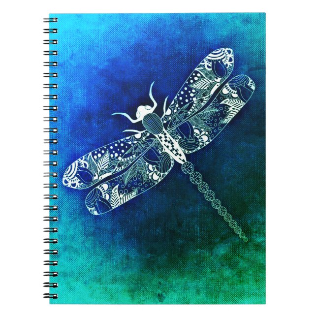 Caderno Espiral Linha Dragonfly Whimsical Desenho Verde Azul (Frente)