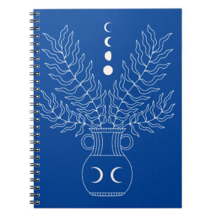 Caderno Espiral Linhagem branca vase fases da lua folhas vegetais