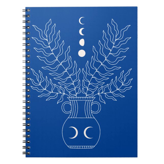 Caderno Espiral Linhagem branca vase fases da lua folhas vegetais (Frente)