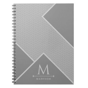 Caderno Espiral Linhas Curvas de Onda Geométrica Negra e Cinza Mod
