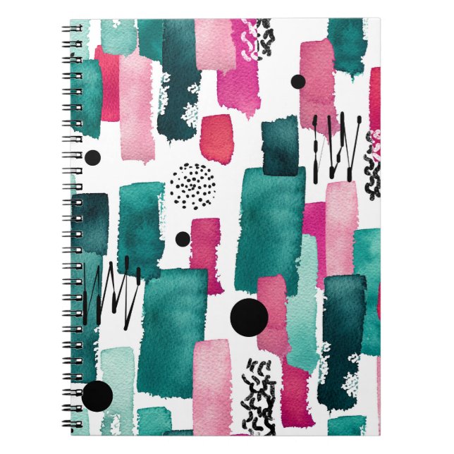 Caderno Espiral Linhas de aguarela rosa e verde rabiscadas. (Frente)