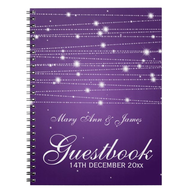 Caderno Espiral Linhas Sparkling do Guestbook do casamento roxas (Frente)
