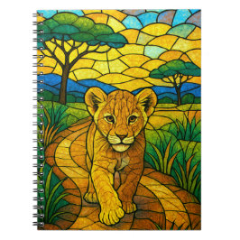 Caderno Espiral Lion no Savanah, arte em vidro manchado