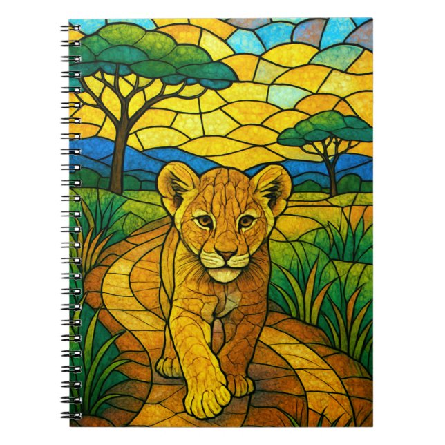 Caderno Espiral Lion no Savanah, arte em vidro manchado (Frente)
