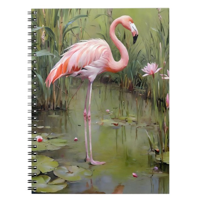 Caderno Espiral Lírios De Água Flamingo, Rosa, E Pintura De Óleo D (Frente)
