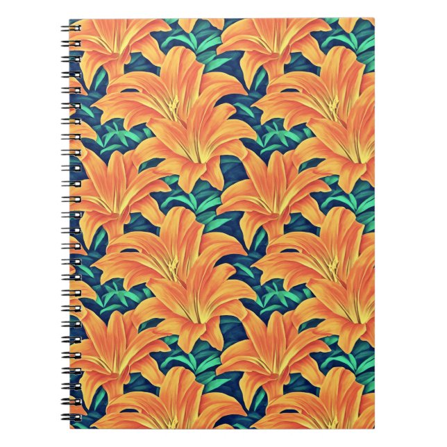 Caderno Espiral Lírios do Dia Laranja com Folhas Verdes (Frente)