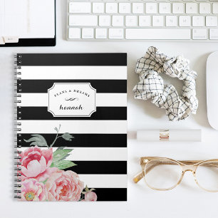 Caderno Espiral Listra floral da peônia preta & branca
