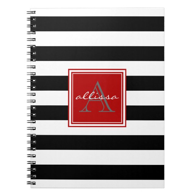 Caderno Espiral Listra Monogrammed do toldo do negro como o (Frente)