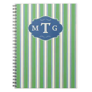 Caderno Espiral Listras Azuis Verdes Clássico Monograma 3 Letras