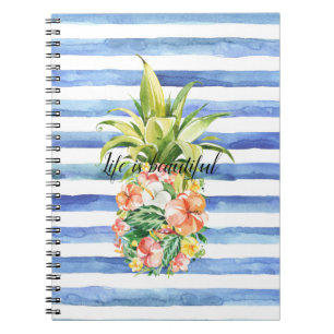 Caderno Espiral Listras Brancas Azuis Floral Tropical Abacaxi