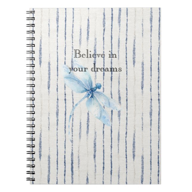 Caderno Espiral Listras Brancas Azuis Libélula Acredite (Frente)