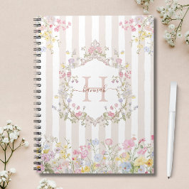 Caderno Espiral Listras de Arte Rococó Floral Colorida Monograma