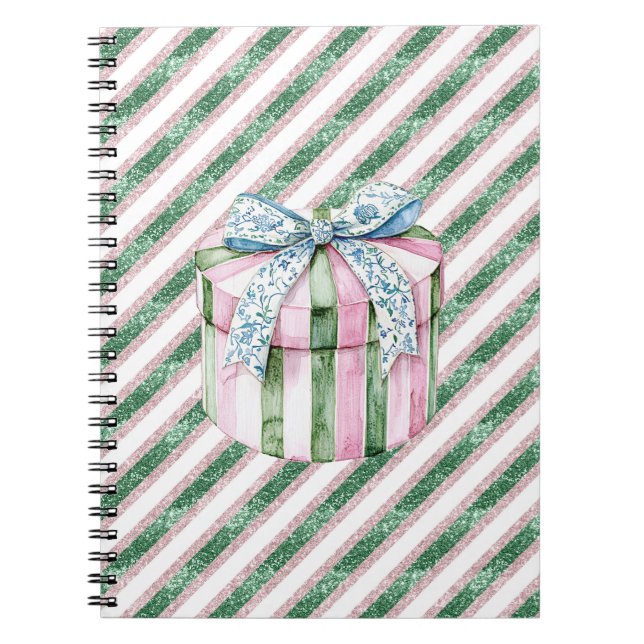 Caderno Espiral Listras de Brilho Verde Caixa Rosa Azul (Frente)