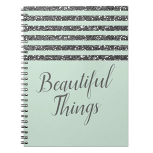 Caderno Espiral Listras de Brilho Verde Menta e Prata