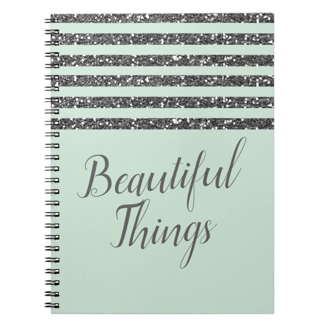 Caderno Espiral Listras de Brilho Verde Menta e Prata (Frente)