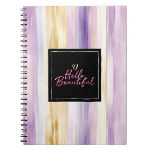 Caderno Espiral Listras de Creme Dourado Roxo Preto Olá  