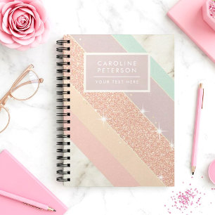 Caderno Espiral Listras Diagonais Mármore Pastel Brilho Dourado Ro