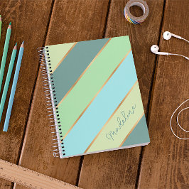 Caderno Espiral Listras Douradas em Azul Teal Verde Lima Personali