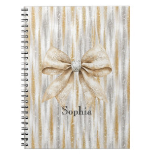 Caderno Espiral Listras Douradas Prateadas Glamourosas Laço Creme