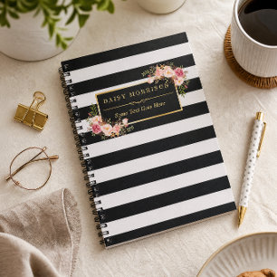 Caderno Espiral Listras Dourados de envolvimento florais bonitas