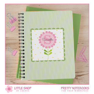 Caderno Espiral Listras Florais Cor-de-Rosa e Monograma de Pontos