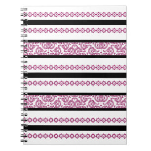 Caderno Espiral Listras Florais Rosa e Preto