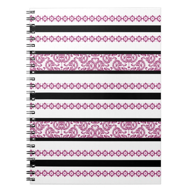 Caderno Espiral Listras Florais Rosa e Preto (Frente)