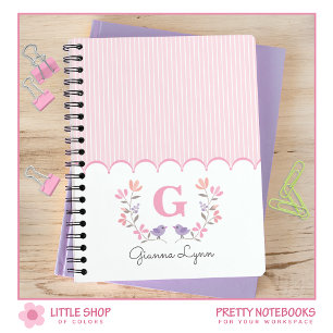 Caderno Espiral Listras Florais Rosa Monogramadas