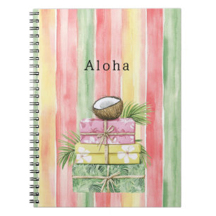 Caderno Espiral Listras Florais Tropicais Coco Amarelo Rosa Hortel