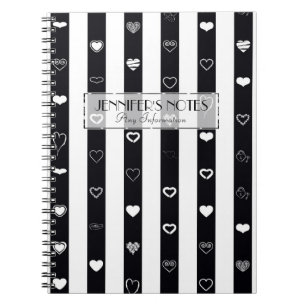 Caderno Espiral Listras Pretas e Brancas Elegantes Padrão de Coraç