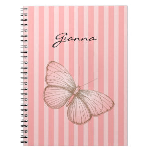 Caderno Espiral Listras Rosa com Borboleta