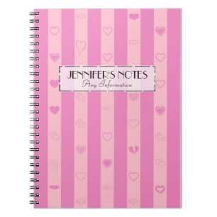 Caderno Espiral Listras Roxas Rosa Elegantes Padrão de Coração Mod