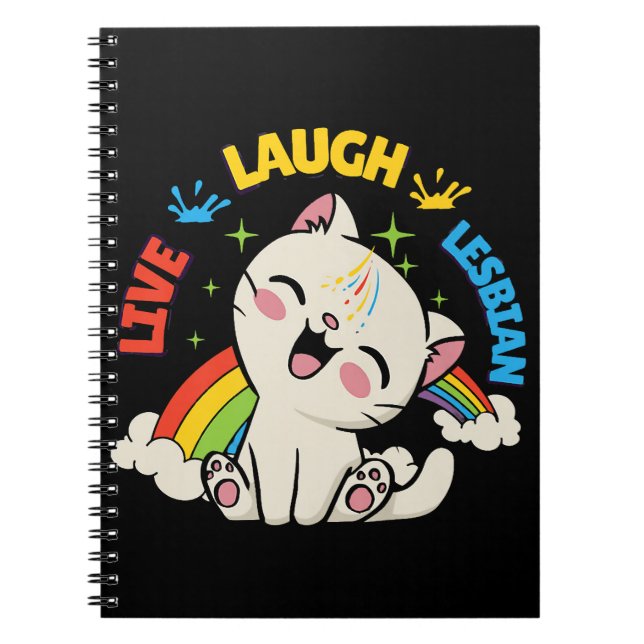 Caderno Espiral Live Laugh Lesbian Flag Rainbow Cat Pride Mont Ki (Frente)