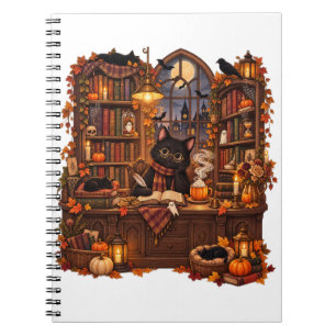 Caderno Espiral Livraria de Gatos Pretos Aconchegantes Halloween