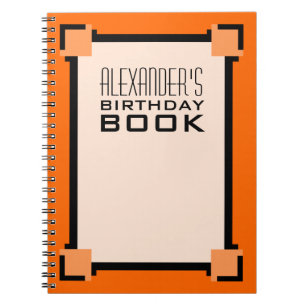 Caderno Espiral Livro alaranjado do art deco do aniversário