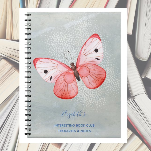 Caderno Espiral Livro Clube Lendo Notas Rosa Borboleta (Book Club - Beautiful pink butterfly is perfect for readers to journal and add notes. Monogrammed. )